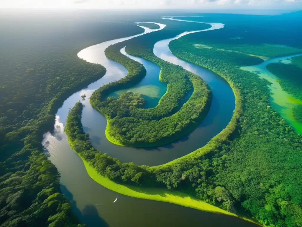 Desde lo alto, el majestuoso río Amazonas serpentea a través de la exuberante selva, con un pequeño bote navegando sus corrientes