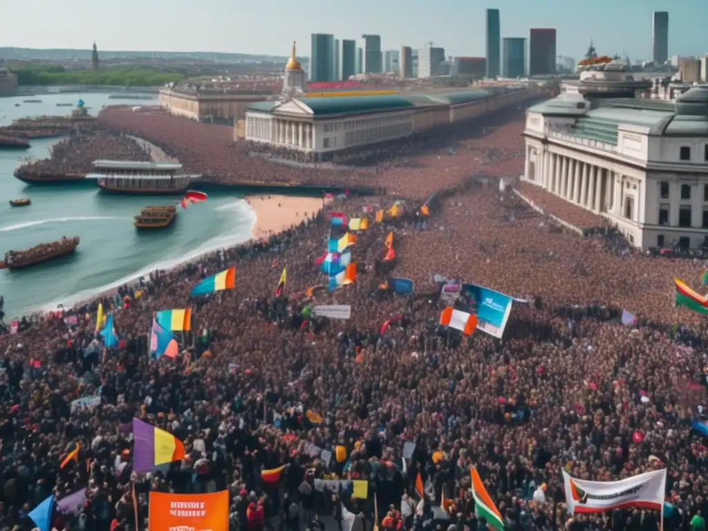 Desde lo alto, una multitud diversa llena las calles en una protesta vibrante