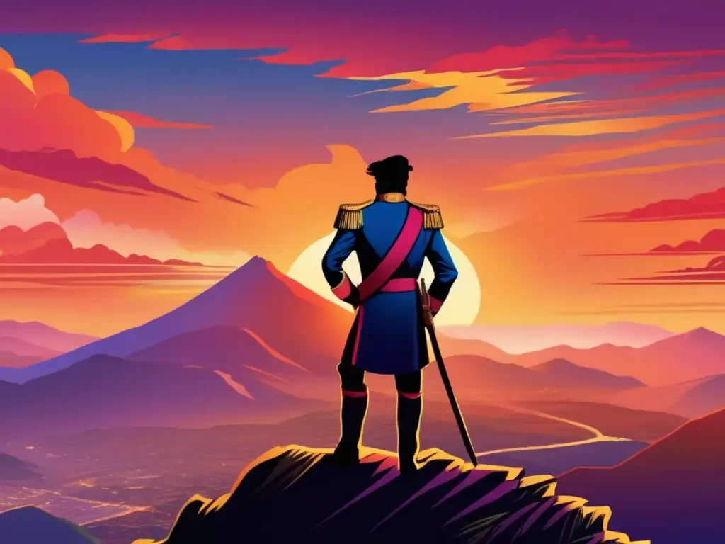 Desde lo alto de la montaña, Simón Bolívar contempla el paisaje latinoamericano al atardecer