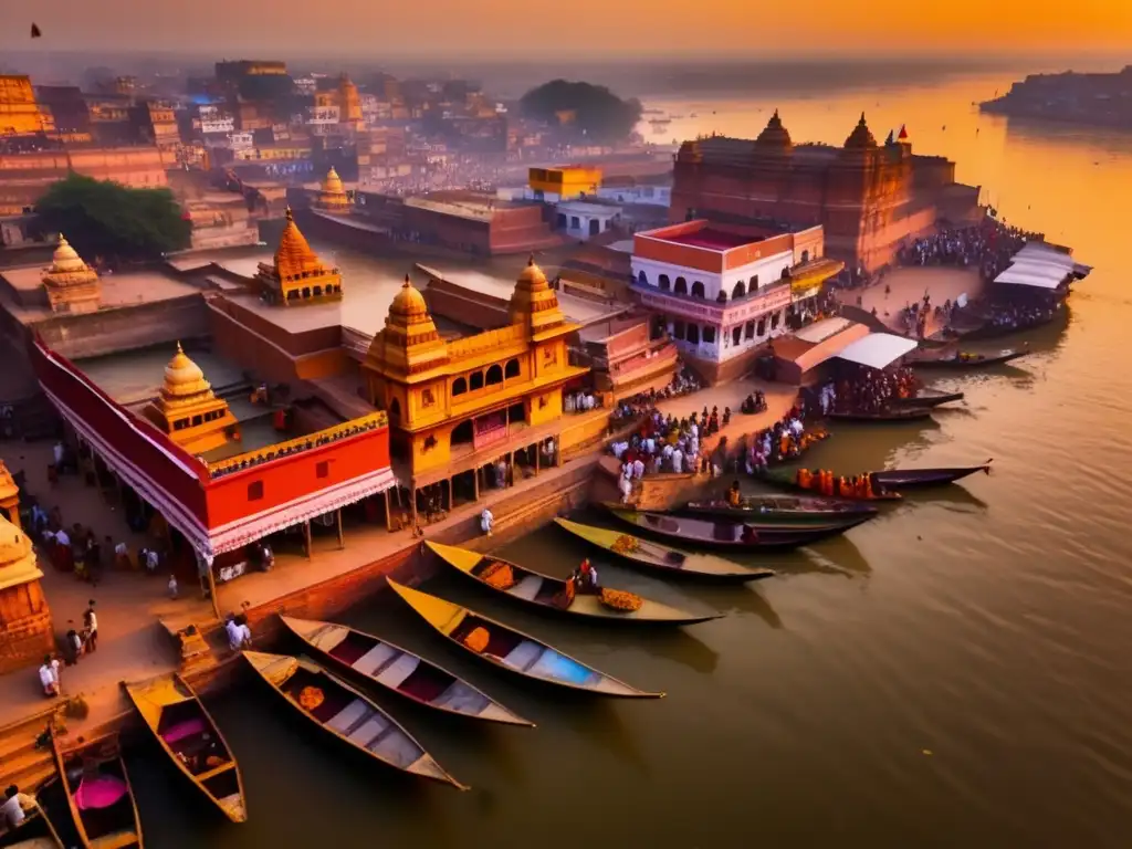 Desde lo alto, el río Ganges serpentea a través de Varanasi, bañando la ciudad en luz dorada