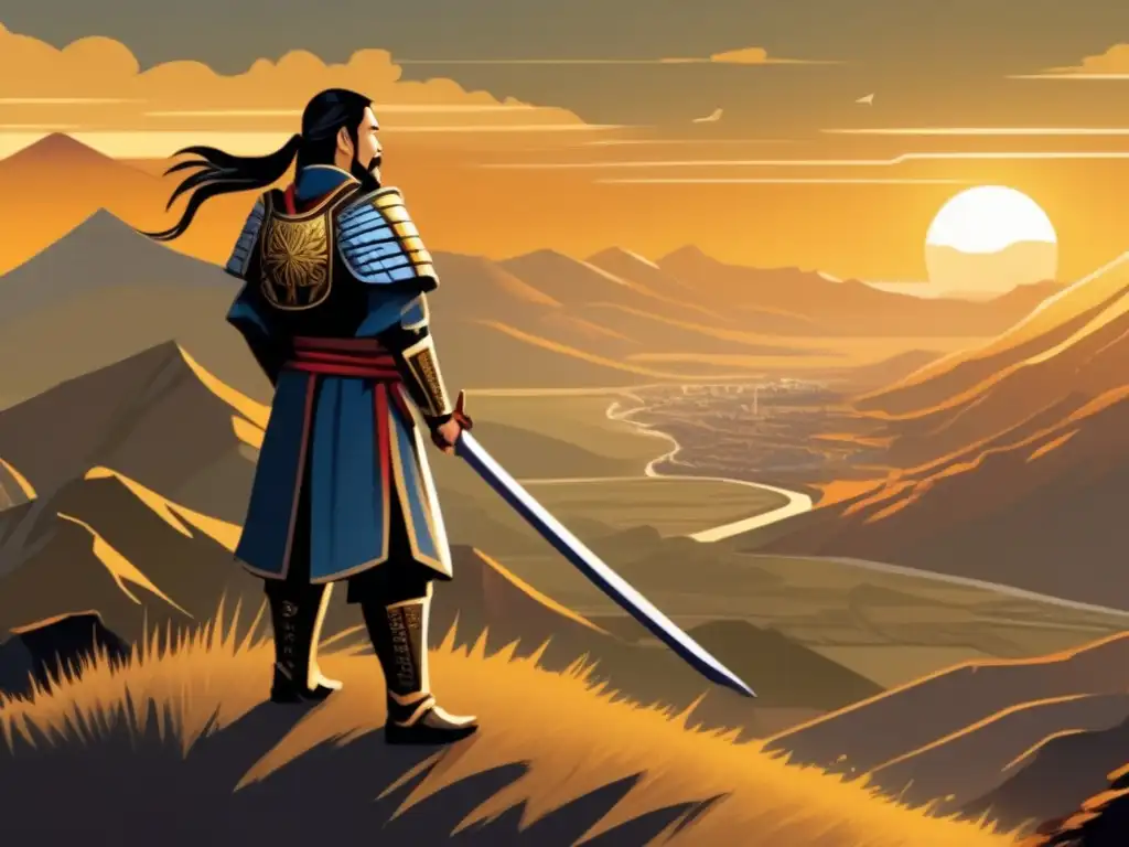 Desde lo alto de la montaña, Sun Tzu observa el campo de batalla al atardecer, con determinación y sabiduría