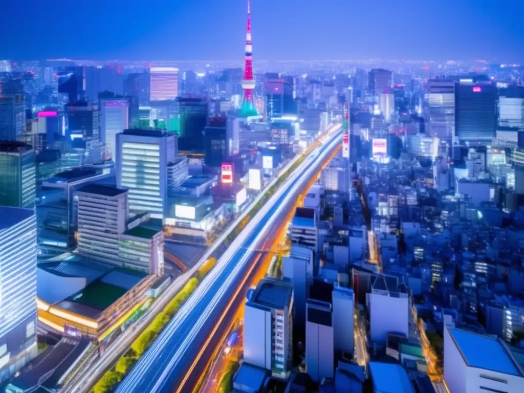 Desde las alturas, las brillantes luces y rascacielos de Tokyo revelan el dinamismo y la innovación del liderazgo económico de Japón bajo Shinzo Abe