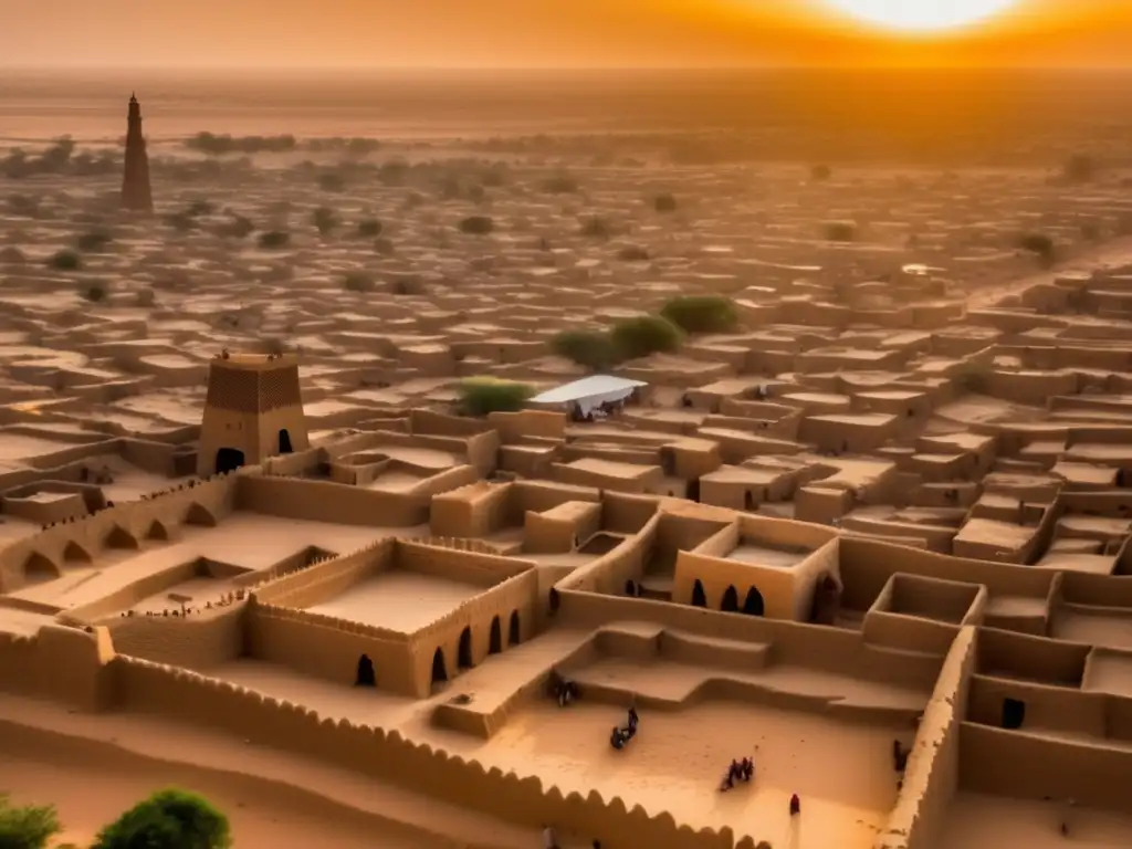 Desde las alturas, la bulliciosa ciudad de Timbuktu se fusiona con el río Níger, reflejando la luz dorada del atardecer