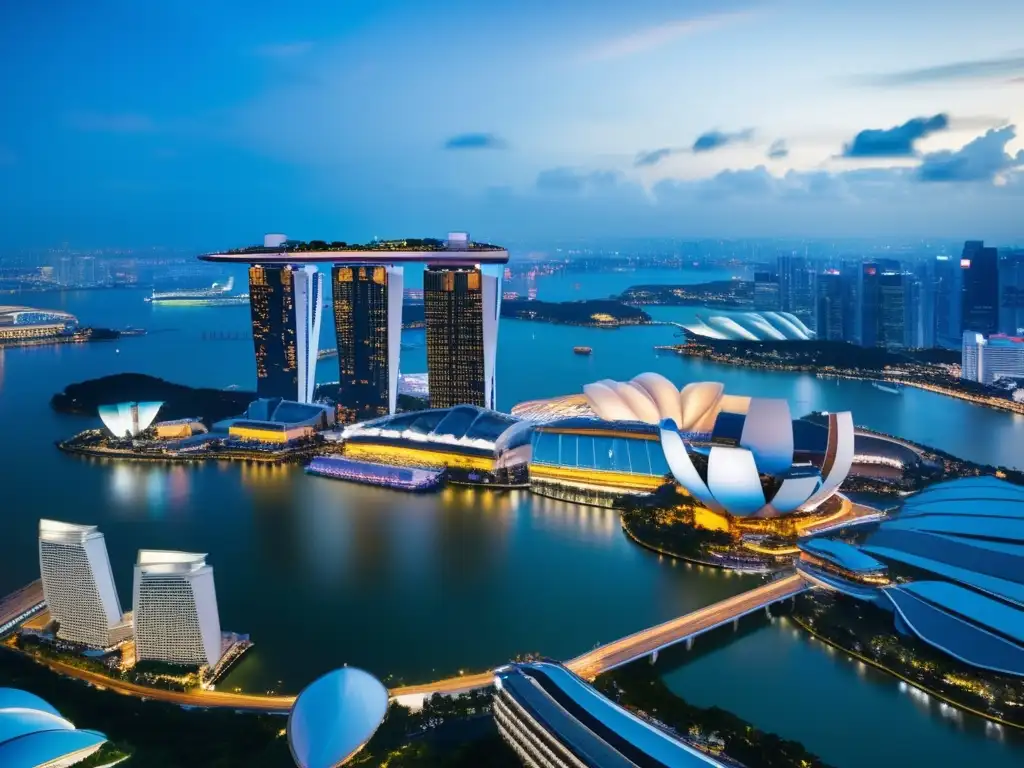 Desde las alturas, se aprecia el bullicioso paisaje urbano de Singapur, con el icónico hotel Marina Bay Sands destacando entre los rascacielos