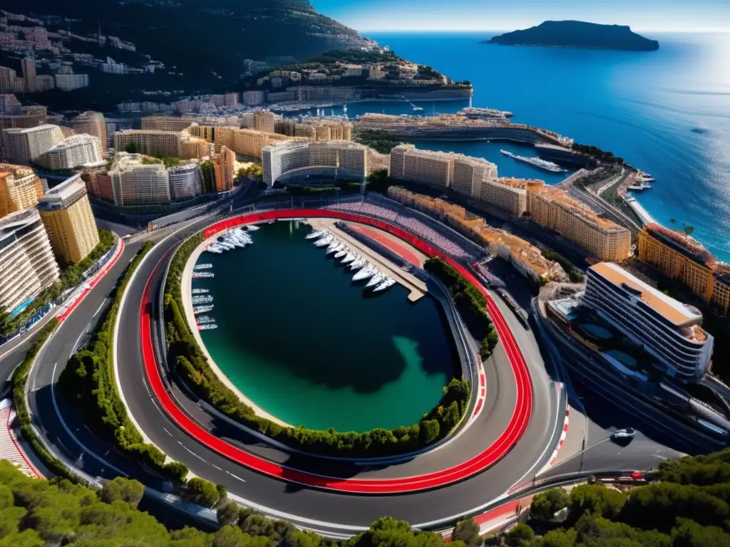 Desde las alturas, el circuito del Gran Premio de Mónaco se baña en una luz dorada, resaltando las icónicas curvas y el puerto de Hércules