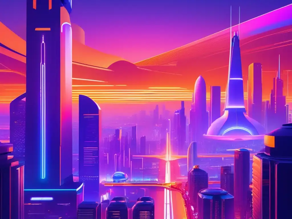 Desde las alturas, la ciudad futurista muestra su esplendor con hologramas y luces de neón
