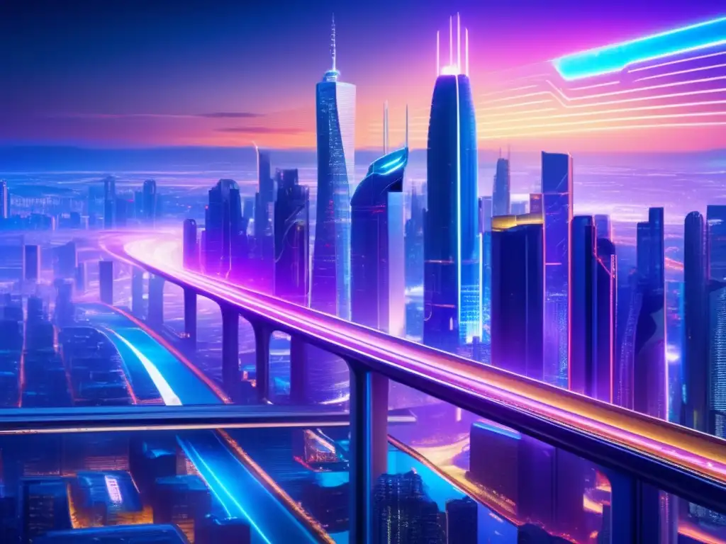 Desde las alturas, la ciudad futurista brilla con luces de neón