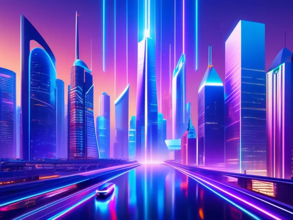 Desde las alturas de la ciudad futurista, las luces y hologramas se entrelazan, creando un paisaje etéreo