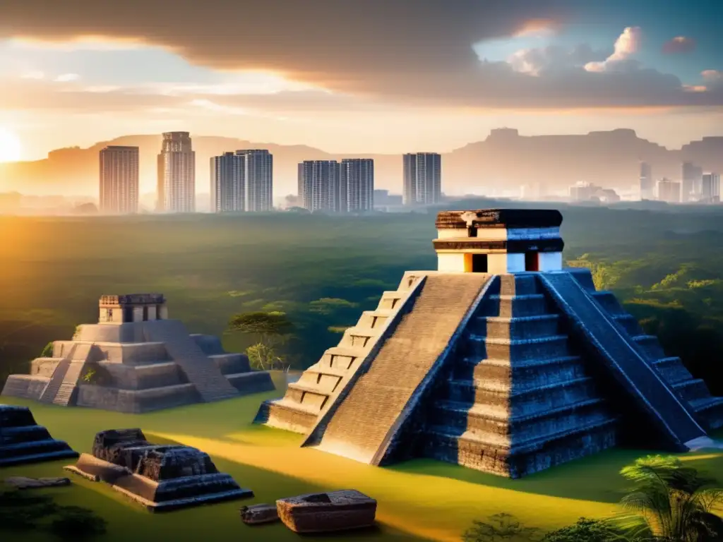 Desde las alturas de una ciudad moderna, se divisan las antiguas ruinas de un templo maya, descifrando el esplendor y colapso maya