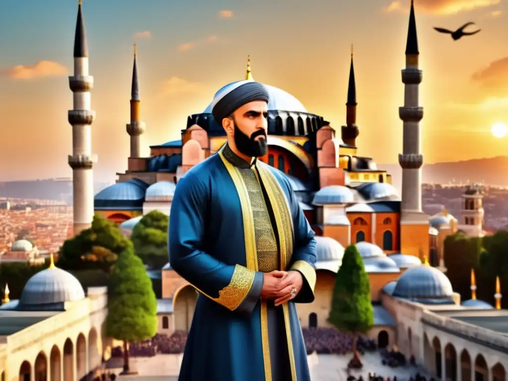 Desde las alturas de Constantinopla caída, Mehmed el Conquistador contempla triunfante la icónica Hagia Sophia