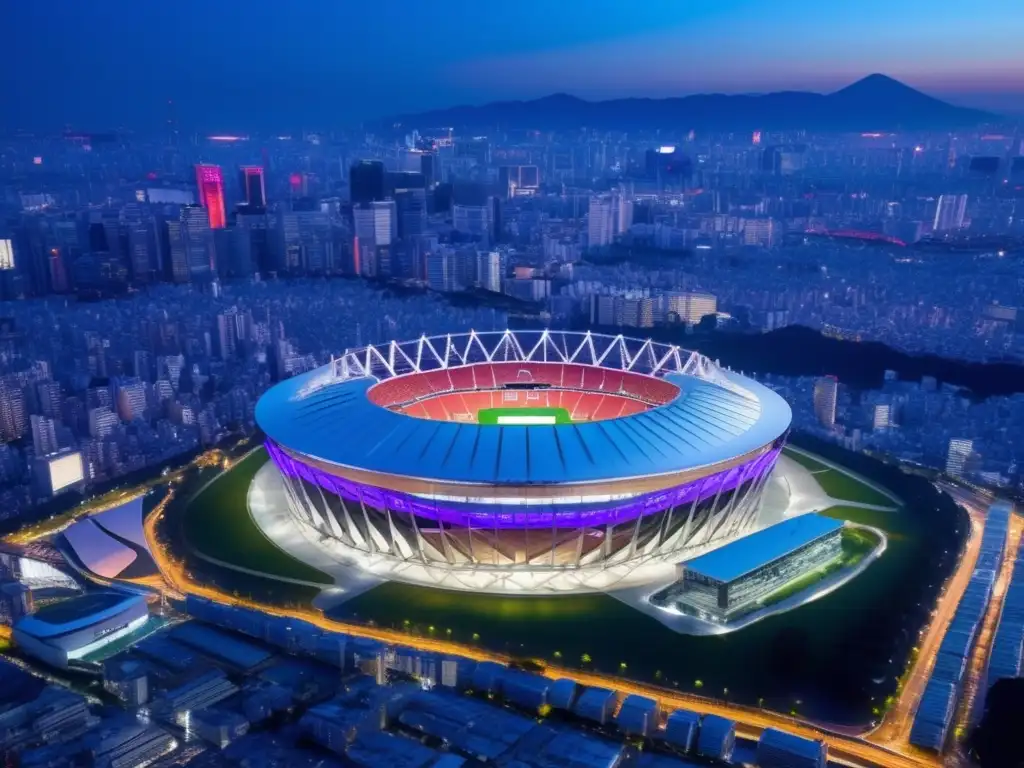 Desde las alturas, el estadio olímpico de Tokio brilla con renovación y energía urbana al anochecer