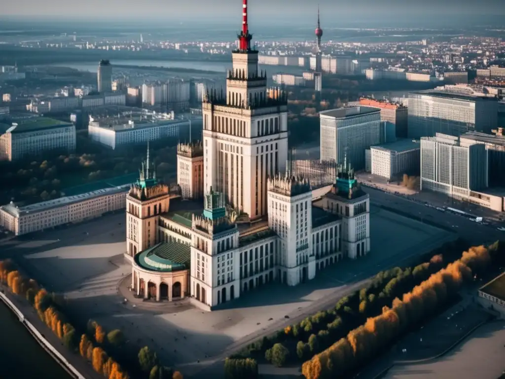 Desde las alturas, el imponente Palacio de Cultura y Ciencia en Varsovia, Polonia, destaca su grandiosidad y detalles arquitectónicos