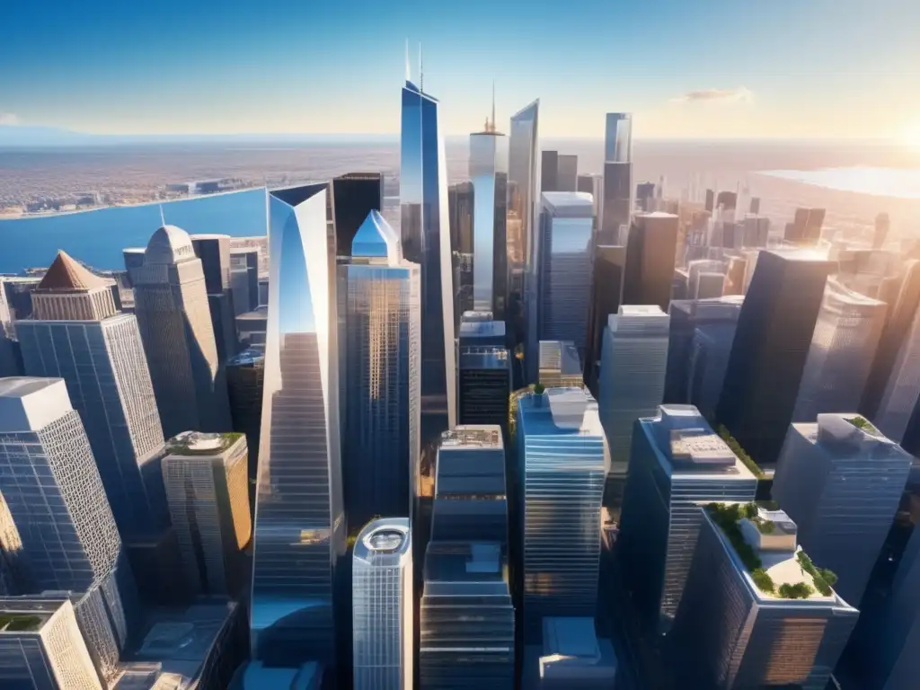 Desde las alturas, la imponente silueta de una ciudad moderna se alza sobre el cielo azul
