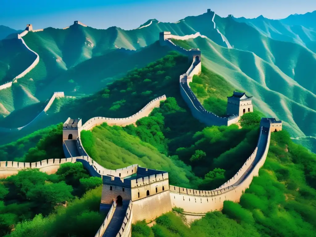 Desde las alturas, la majestuosa Gran Muralla China serpentea a través del terreno montañoso, bañada por una cálida luz dorada
