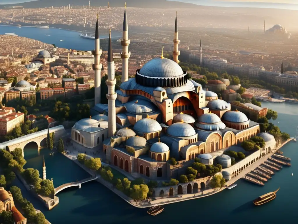 Desde las alturas, Constantinopla, la majestuosa Hagia Sophia y el bullicioso paisaje urbano