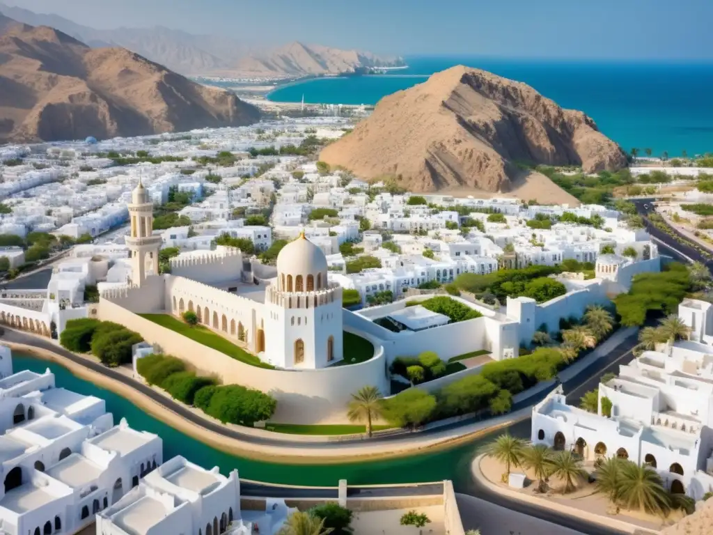 Desde las alturas, Muscat, Omán, deslumbra con su red de edificios blancos y palmeras verdes, bañada por el mar