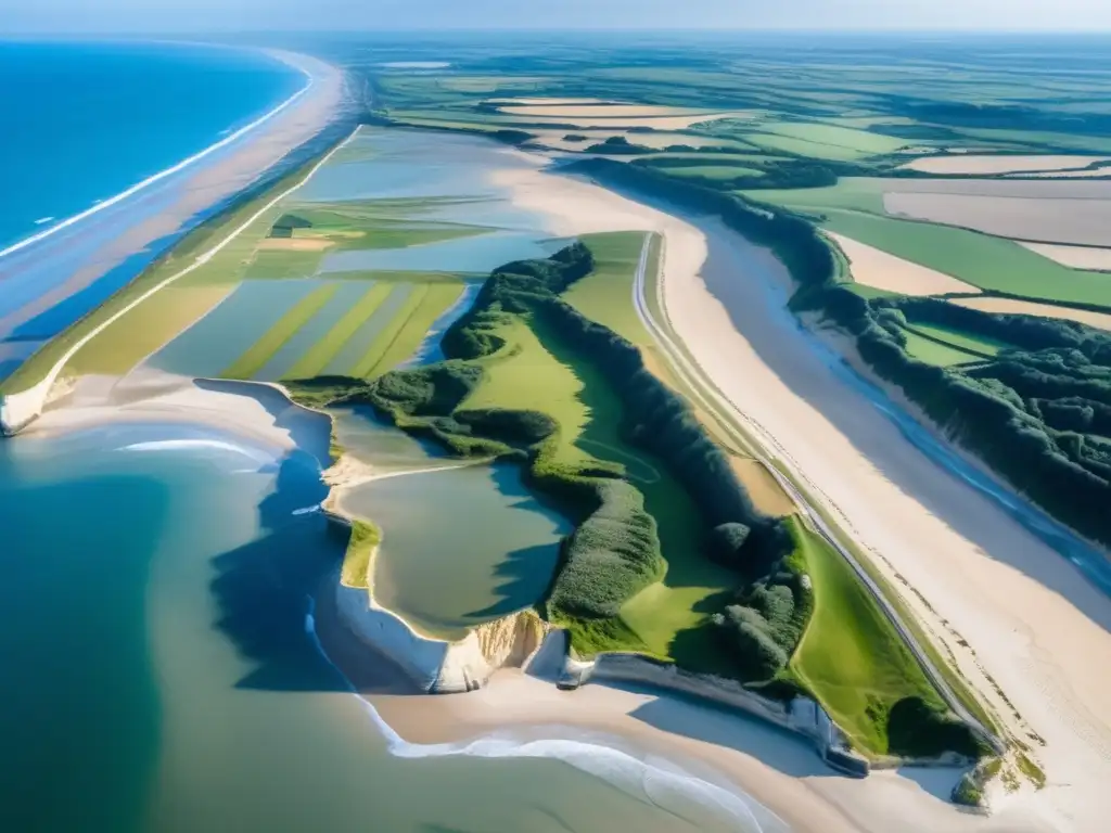 Desde las alturas, la serena belleza de la costa de Normandía enmarca el histórico sitio del Estrategia Desembarco Eisenhower Día D