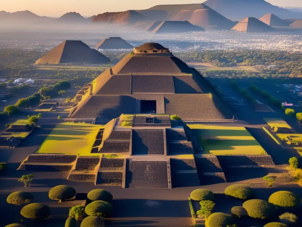 Desde las alturas, Teotihuacán despierta con un resplandor dorado, revelando sus misterios arquitectónicos