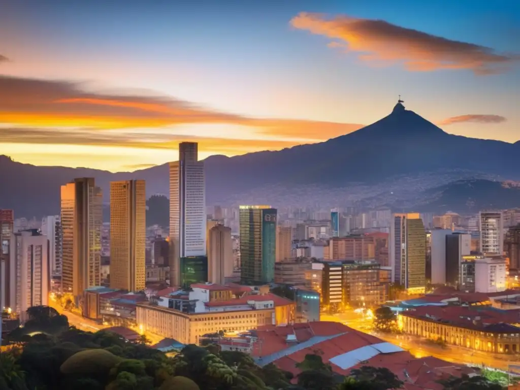 El amanecer dorado ilumina el vibrante paisaje urbano de Bogotá, Colombia