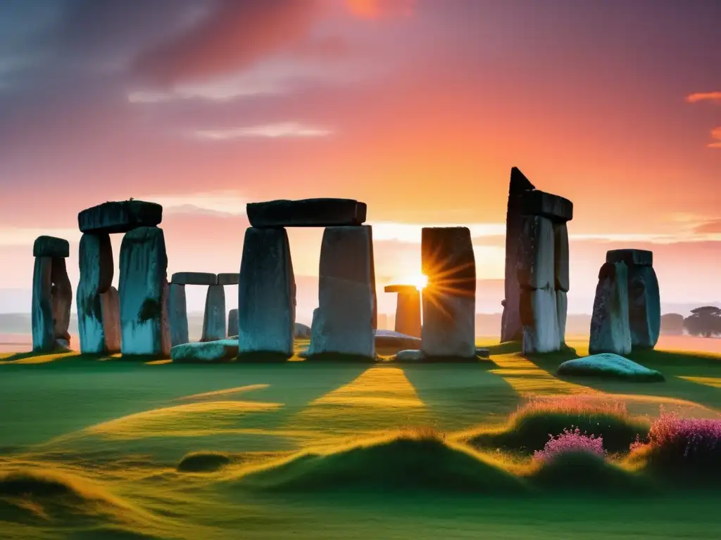 Un amanecer mágico en Stonehenge, con pilares silueteados ante un cielo vibrante