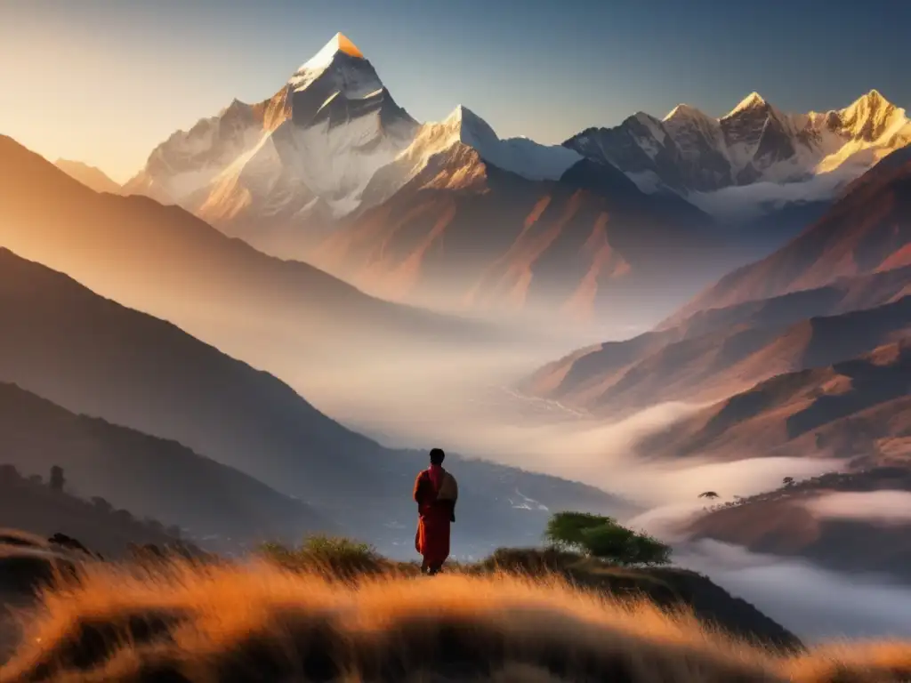 Un amanecer majestuoso sobre el Himalaya, con picos nevados reflejando la calidez del sol naciente