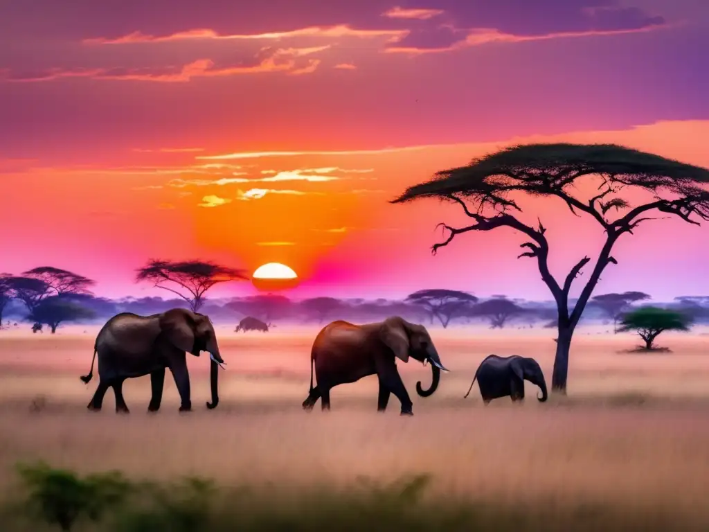 Un amanecer multicolor ilumina una sabana expansiva donde elefantes pastan en armonía, reflejando la ética Ubuntu desafíos globales