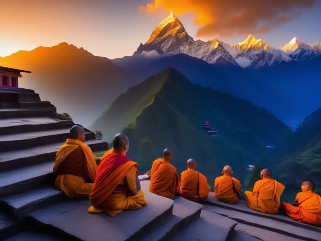 Un amanecer sereno sobre el Himalaya, iluminando un templo antiguo mientras monjes comienzan sus oraciones