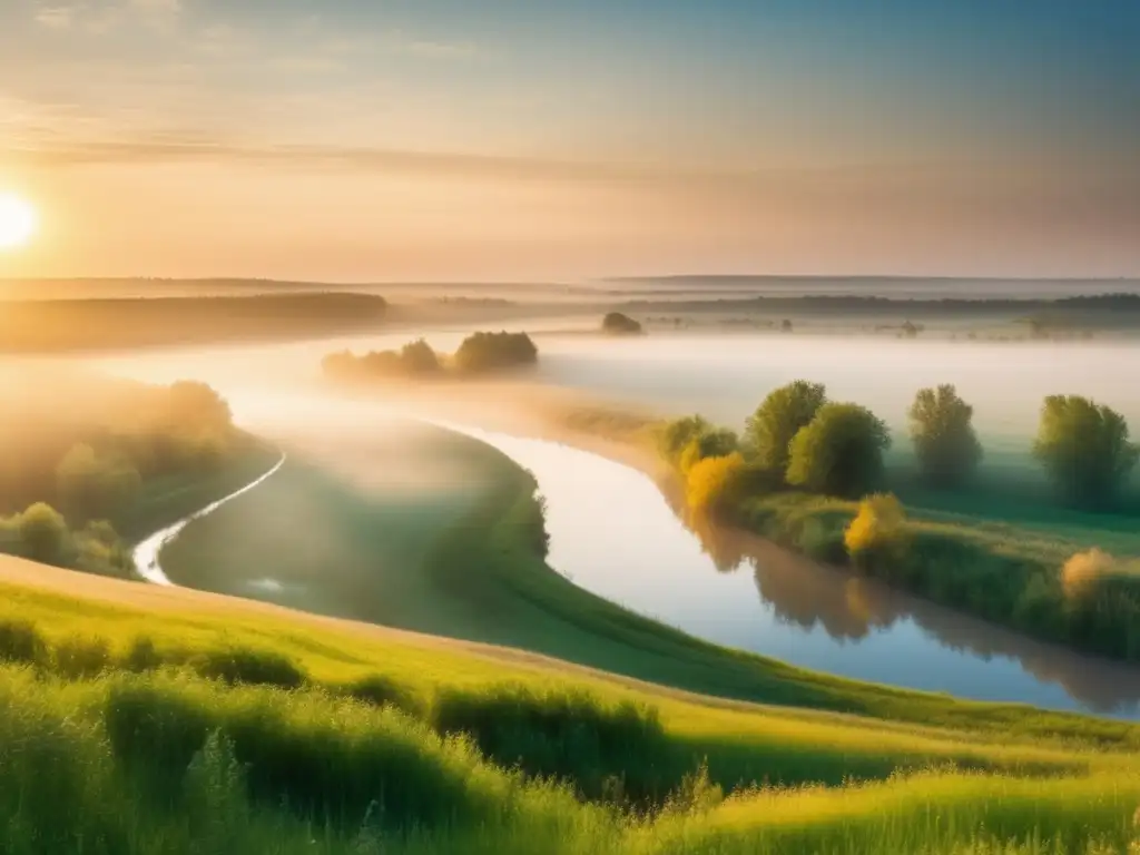 Un amanecer tranquilo en el campo ruso, con un río serpenteante y una figura solitaria