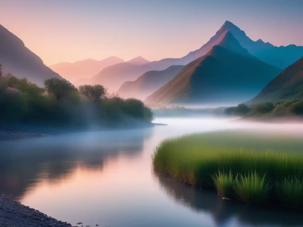 Un amanecer tranquilo en las montañas con el río sereno reflejando la armonía del taoísmo y la no acción de LaoTse