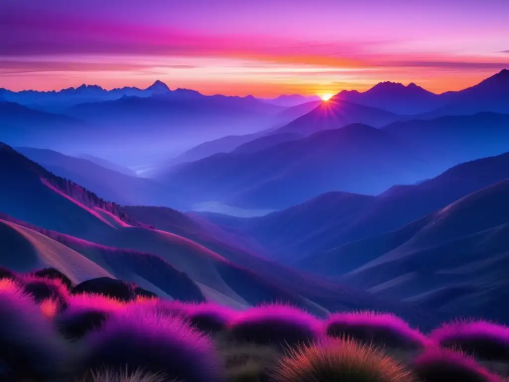 Un amanecer tranquilo sobre las montañas, con tonos vibrantes de rosa, morado y naranja iluminando el cielo