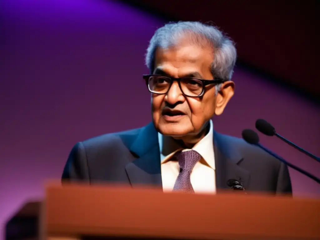 Amartya Sen habla con determinación desde el podio, exudando autoridad e intelecto, en un traje moderno y seguro