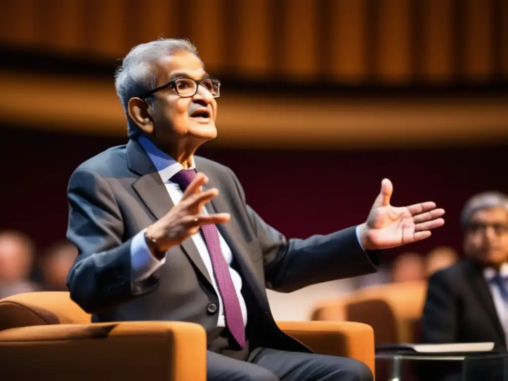 Amartya Sen en conferencia, expresión reflexiva, auditorio contemporáneo, iluminación cálida