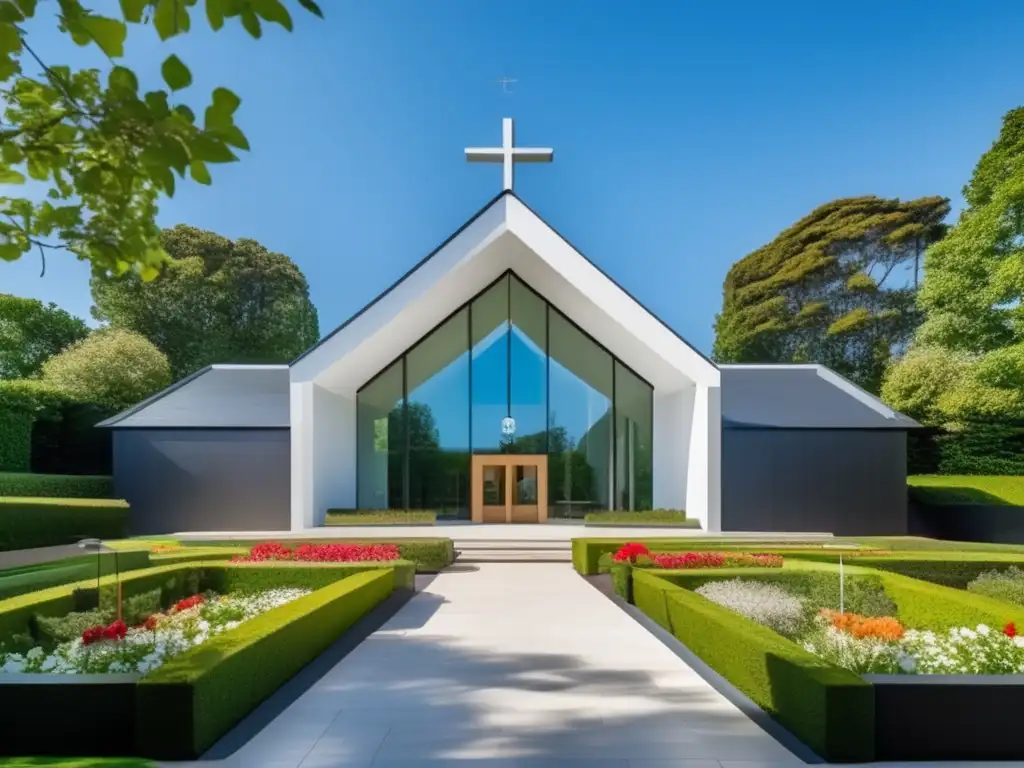 Arquitectura moderna y comunidad diversa en iglesia contemporánea Un ambiente moderno y acogedor en una iglesia con diseño contemporáneo y jardines exuberantes