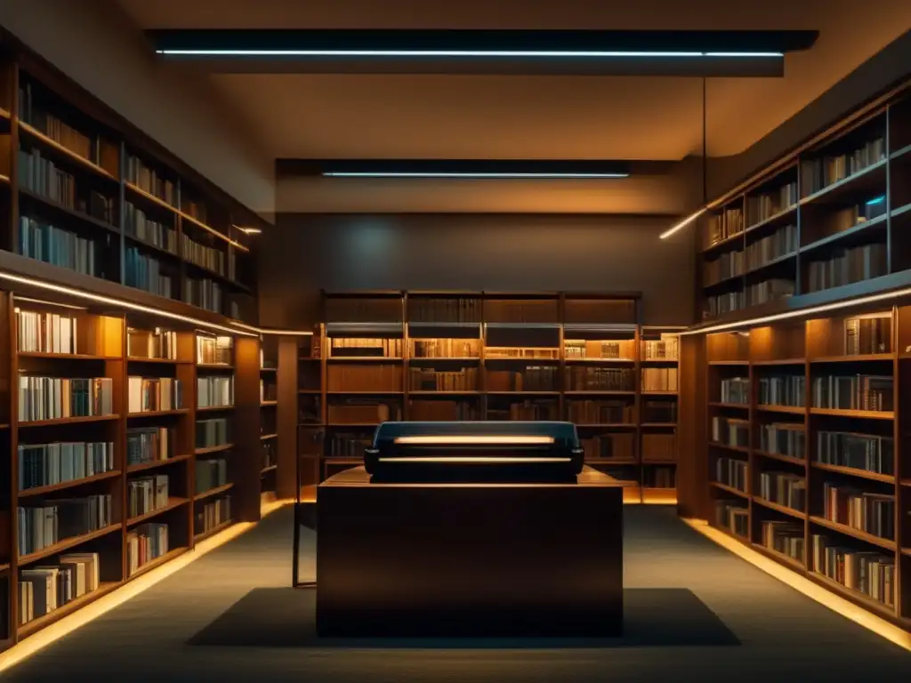 Un ambiente moderno y minimalista en una biblioteca, con un enfoque en una máquina de escribir vintage