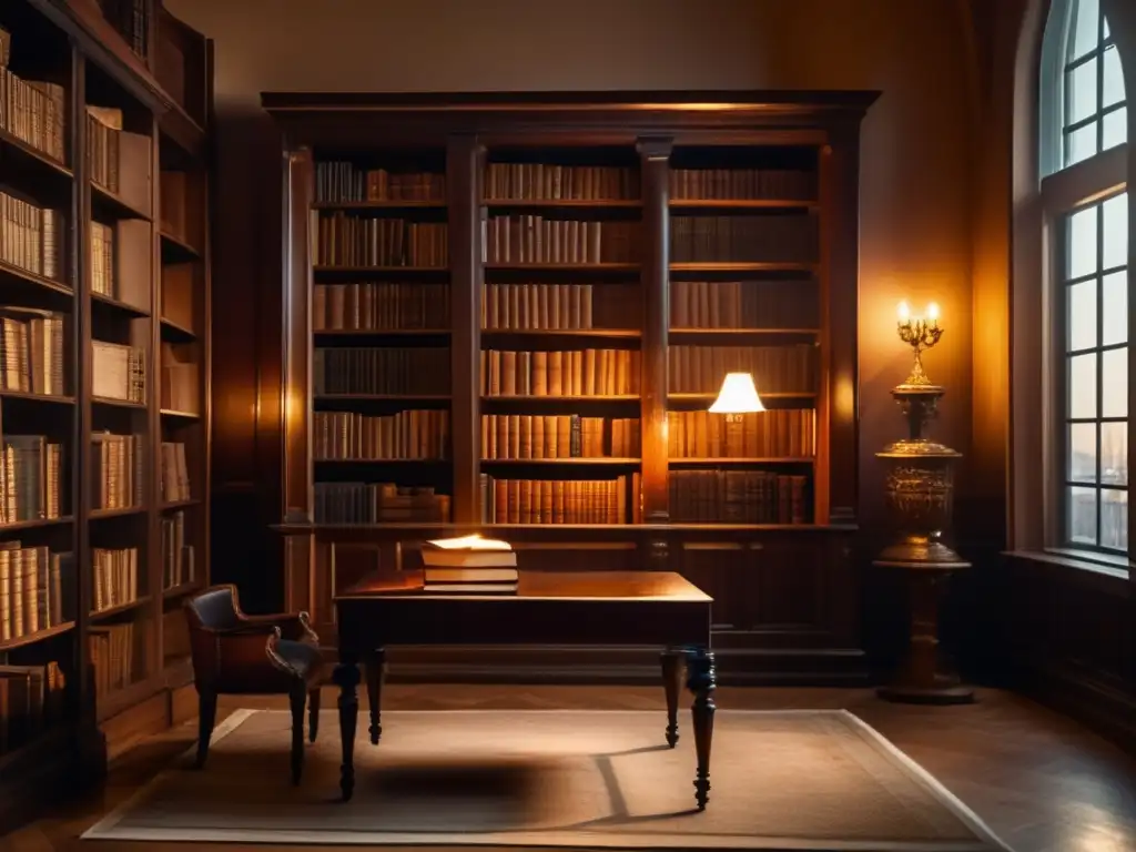 Un ambiente de sabiduría atemporal en una biblioteca con libros rusos del siglo XIX, iluminada por una cálida luz dorada