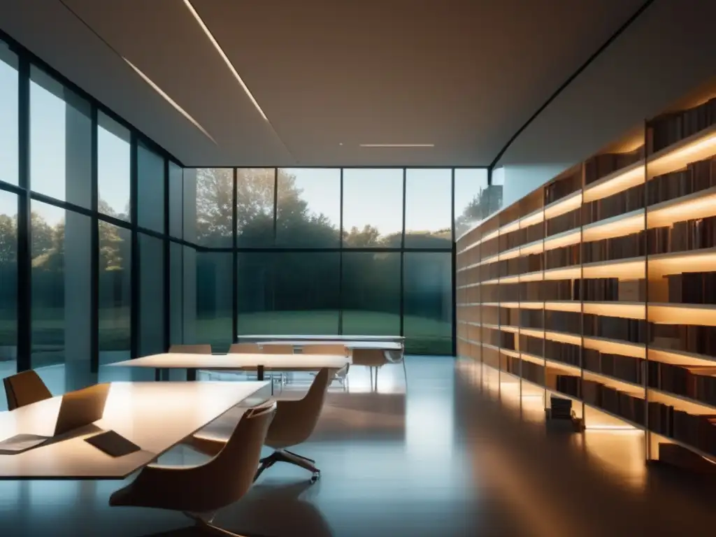Un ambiente tranquilo y contemplativo en una moderna biblioteca con estanterías repletas de libros