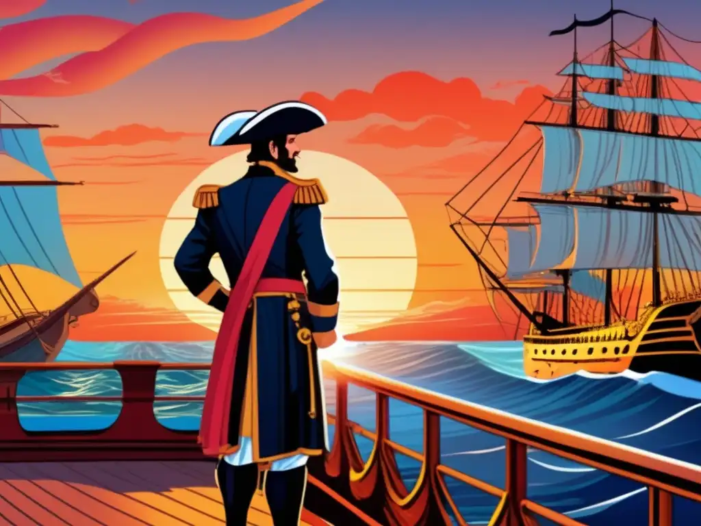Amerigo Vespucci verdadero descubridor América, ilustración moderna de él en el barco, mirando al horizonte con determinación y curiosidad al atardecer
