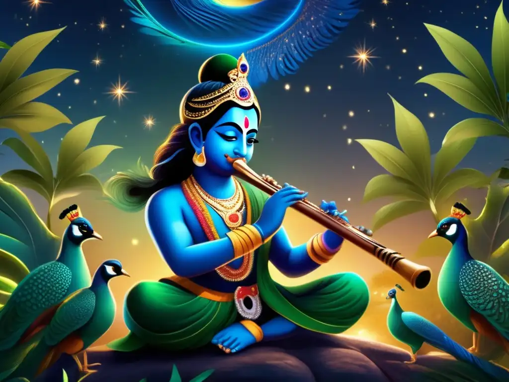 Krishna, Dios amoroso, influencia Bhakti, tocando la flauta bajo un cielo estrellado, rodeado de exuberante naturaleza y pavos reales coloridos