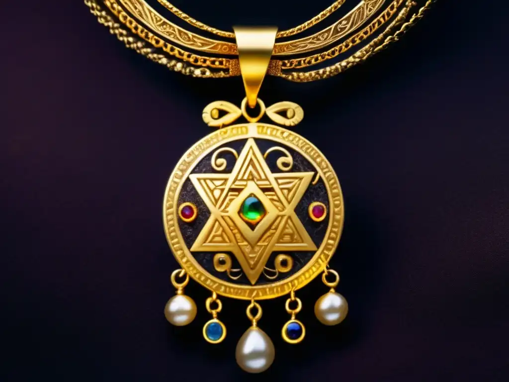 Un amuleto dorado y brillante con símbolos antiguos y gemas relucientes, evocando magia y religión
