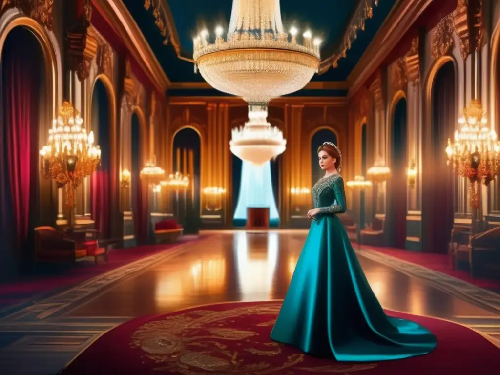 Anastasia Romanov, leyenda misterio trágico, retratada en majestuosa pintura digital en un lujoso salón, evocando intriga y elegancia histórica