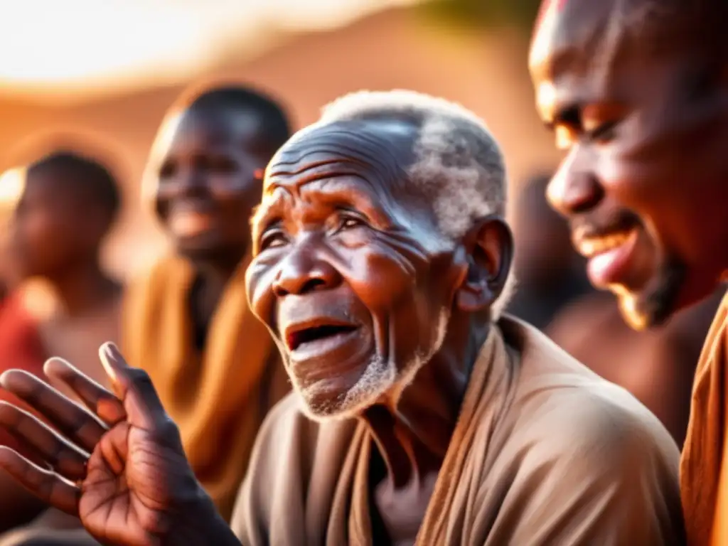Un anciano narrador africano con marcadas cicatrices faciales cautiva a su audiencia en una aldea africana al atardecer
