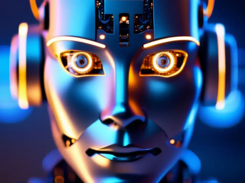 Un androide con rostro detallado, circuitos intrincados y ojos brillantes, en un entorno futurista