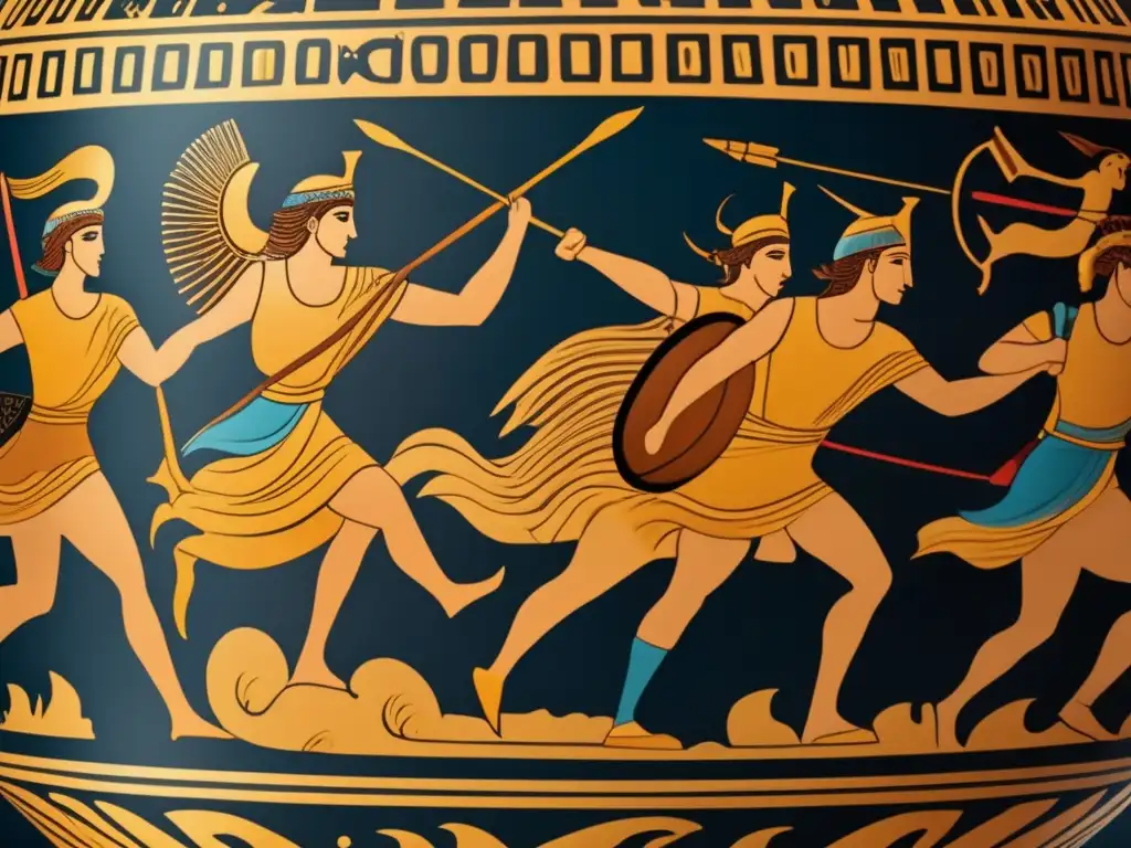 Una ánfora griega antigua detallada en un museo contemporáneo, mostrando escenas de la Guerra de Troya