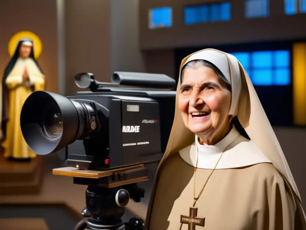 Madre Angelica en el estudio de televisión, transmitiendo su pasión revolucionaria por la biografía televisiva religiosa