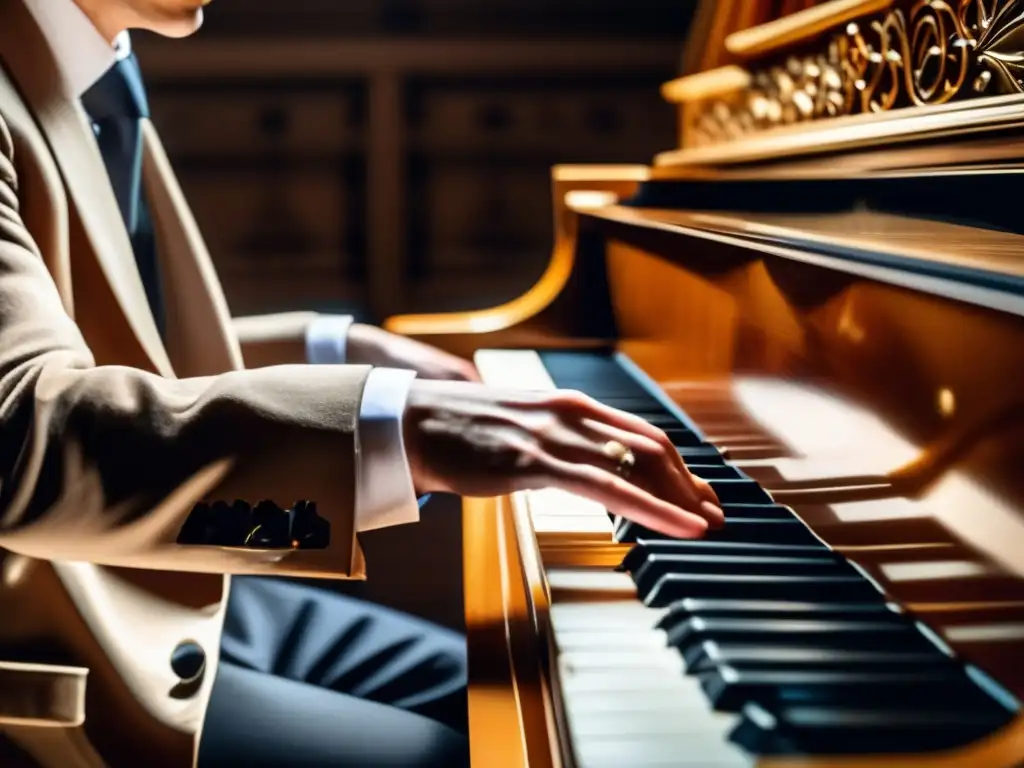 Desde un ángulo bajo, Sergei Rachmaninoff toca apasionadamente el piano, mostrando su maestría y pasión
