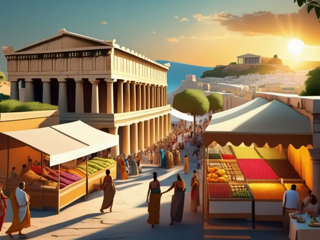 En la animada Ágora de la antigua Grecia, los vendedores ofrecen tejidos, cerámica y frutas exóticas bajo el sol, mientras ciudadanos intercambian bienes y conversaciones