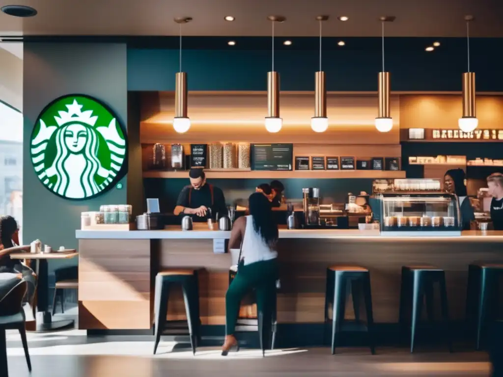 En una animada cafetería de Starbucks en una ciudad moderna, clientes diversos disfrutan de sus bebidas mientras los baristas preparan con destreza