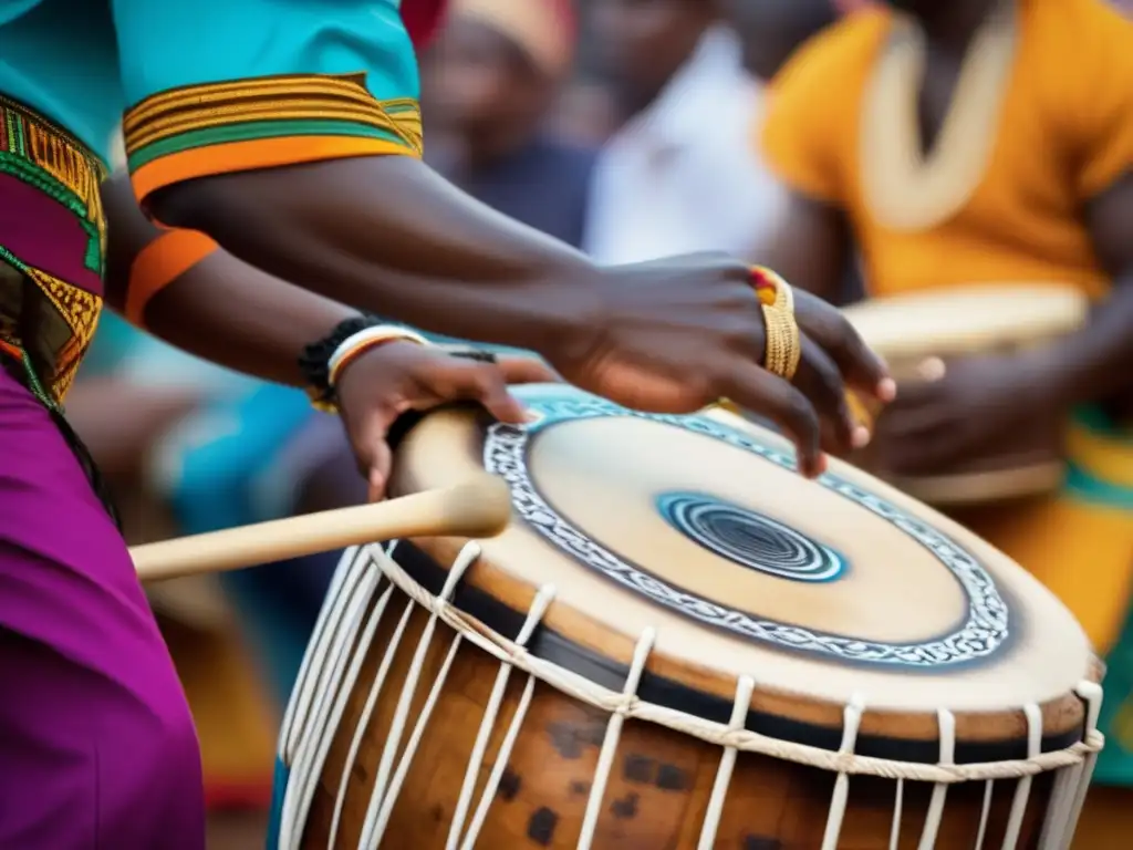 Durante una animada celebración cultural, un tambor Yoruba tradicional es tocado con pasión, mostrando la rica herencia y energía dinámica de la cultura Yoruba