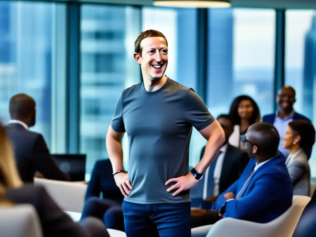 Mark Zuckerberg lidera una animada discusión en una oficina moderna, reflejando su estrategia empresarial en Facebook
