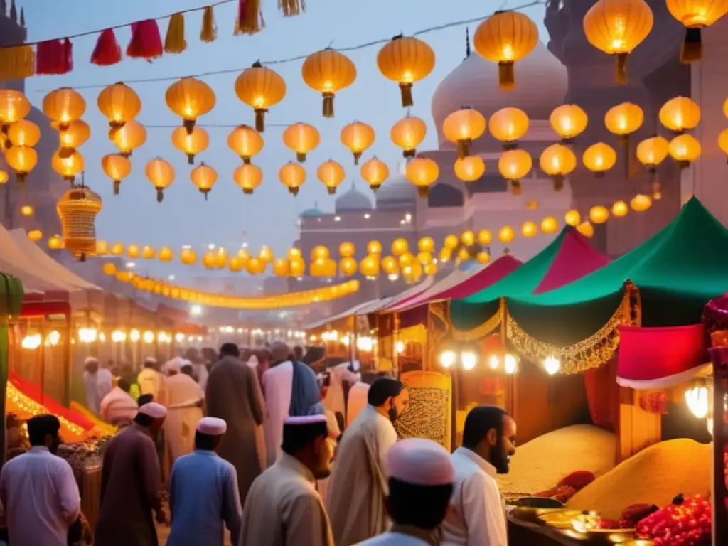 La animada documentación festividades mundo islámico AlMasudi cobra vida en un bullicioso mercado con decoraciones vibrantes y una atmósfera festiva